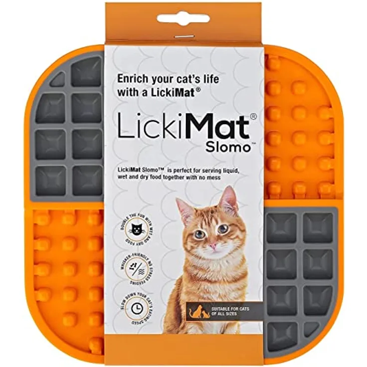Lickimat Slomo Katzenfutterstation für langsame Katzen, gegen Langeweile und Angstlinderung, Joghurt oder Erdnussbutter. Lustige Alternative zu einer langsamen Futternapf oder Schale, Orange