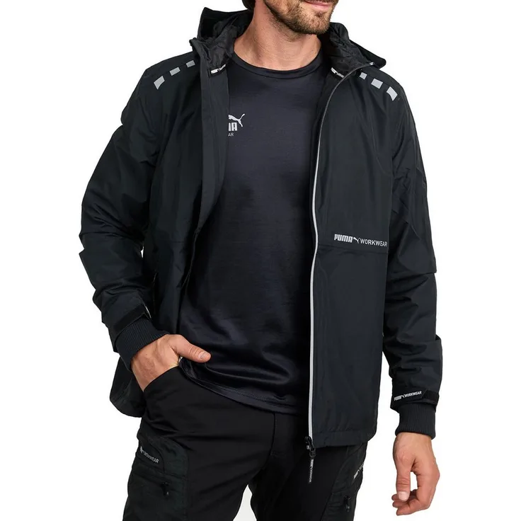PUMA Workwear Regenjacke Herren - Wasserdicht - Leichter Windbreaker Fahrradjacke mit Kapuze Robuste und Atmungsaktive Arbeitsjacke für Handwerk & Bauarbeit