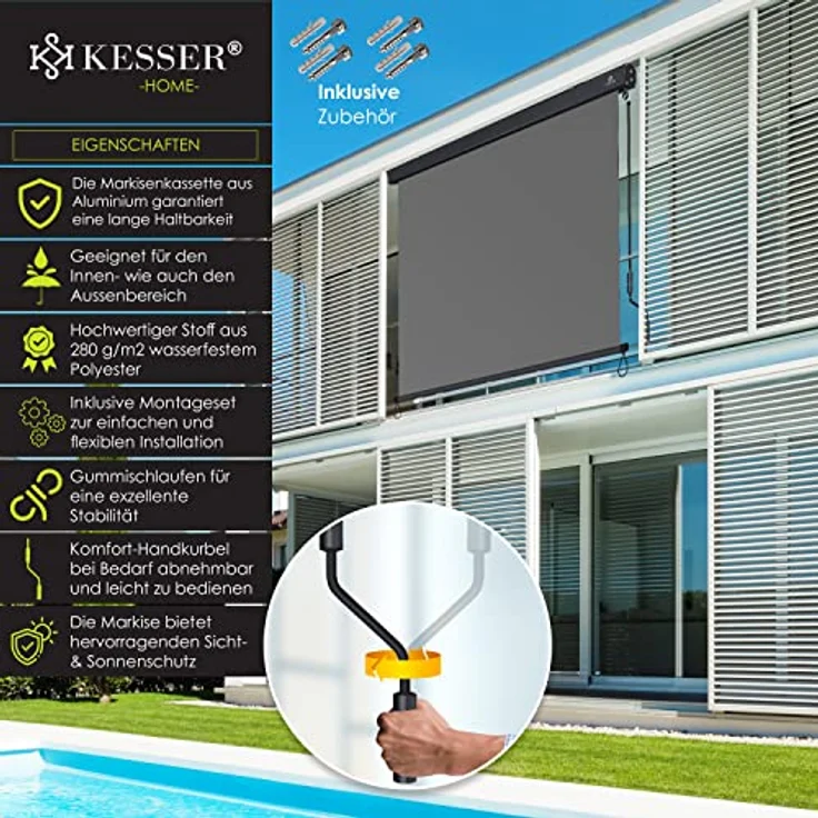 KESSER® Senkrechtmarkise Außenrollo Handkurbelmechanismus Balkonrollo Sonnen-und Sichtschutz, Beschattung Sonnenschutz Außen Rollo mit Kurbel Markisenkasten, Balkon und Terrasse, 180 x 250cm Grau – Bild 2