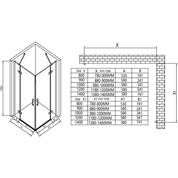 NEXTREND Eckdusche NT407, 8 mm Nano Klarglas, zwei Drehtüren nach außen, Breite wählbar, Türanschlag rechts und links 90 cm – Bild 7