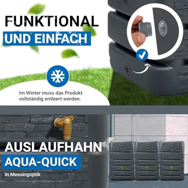 4rain Slim Stone Decor Regentonne Mauertank-Set 1530 Liter, wetterfester Wassertank in Graphite Grey mit flexiblen Anschlussmöglichkeiten – Bild 5
