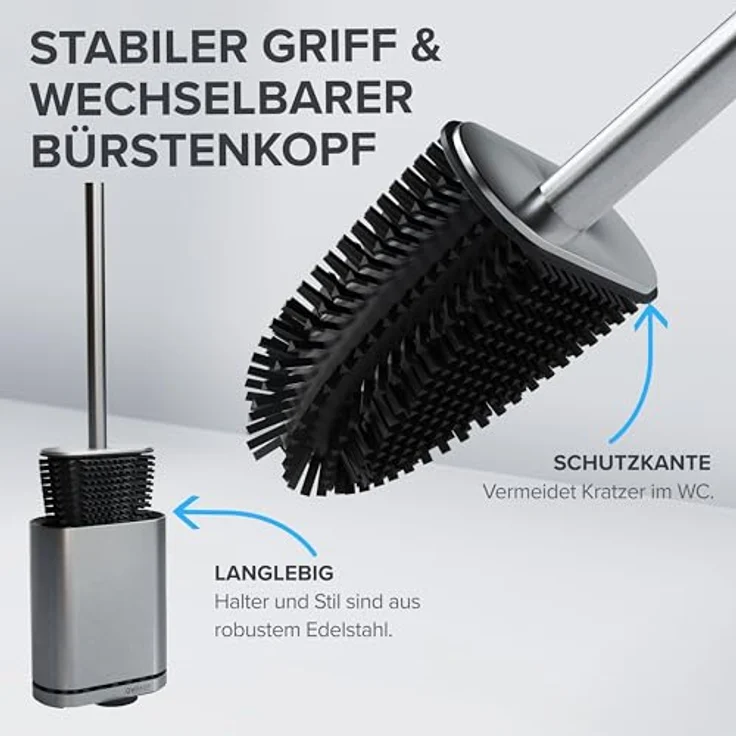 ovimar Toilettenbürste Omofyr | Silber | Silikon Klobürste | WC Bürste mit Belüftung | Edelstahl | abnehmbare Tropfschale | nur 6cm breit| stehend oder Wandbefestigung im Badezimmer – Bild 4