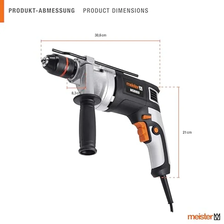 meister Schlagbohrmaschine MSB850, 850 W, leistungsstarker Motor, Drehzahl bis 3000 U/min, inkl. Zusatzhandgriff und Metall-Tiefenanschlag – Bild 2