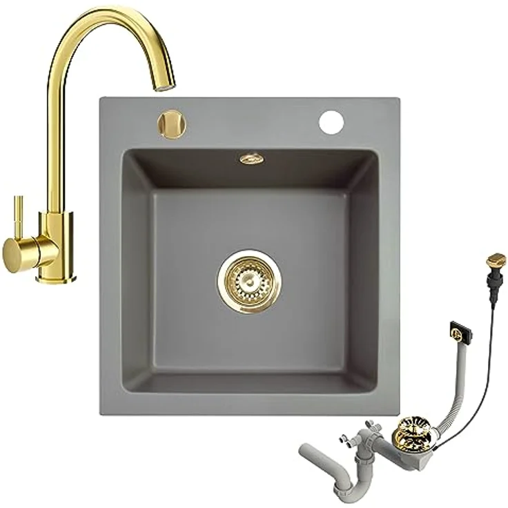 Faizee Möbel Granitspüle 48x50 +Armatur Gold, eckig, 48/50 cm - Hitzebeständig, langlebig, grau – Bild 2