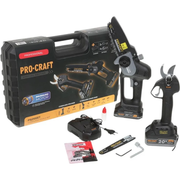 PRO CRAFT PS210SET, Akku-Astschere mit Mini-Kettensäge CCS20 und Gartenschere CP20, 20V, 2 Akkus und Lader, bürstenloser Motor, automatischer Kettenschmierung, Tragekoffer