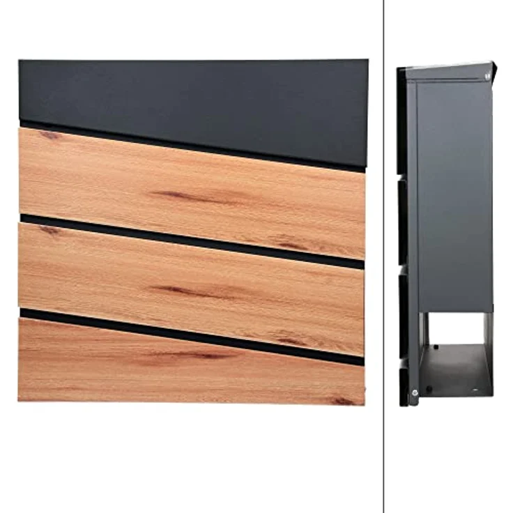 ECD Germany Standbriefkasten mit Zeitungsfach, Design Briefkasten mit Pfosten, Briefkastenanlage, Briefkastenständer 120 cm Anthrazit Edelstahl, Postkasten Anthrazit Holzoptik Stahl 37 x 36,5 x 11 cm – Bild 2