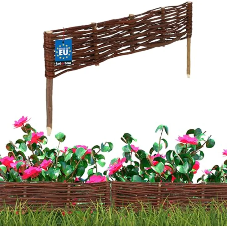 KOTARBAU® Beetbegrenzung Weidenzaun, 60 x 10 cm, wetterbeständige Holzpalisade aus brauner Weide, flexible Beeteinfassung für Garten und Öffentlichkeit