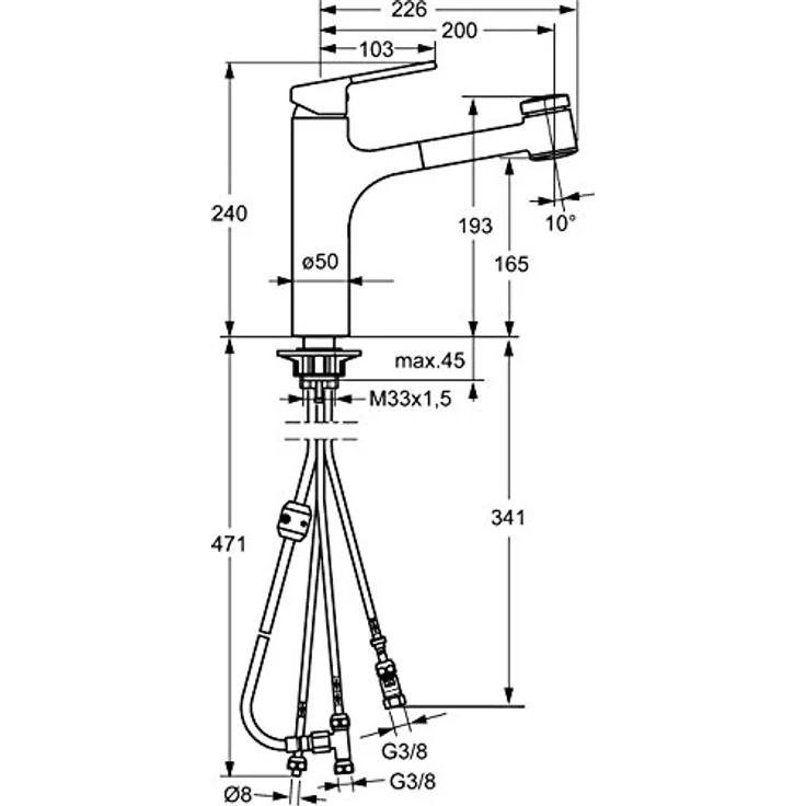 HANSA Hansaronda Einhand-Einlochbatterie für offene Heißwasserbereiter, herausziehbare Geschirrbrause, 150° schwenkbar, 200 mm Ausladung – Bild 2