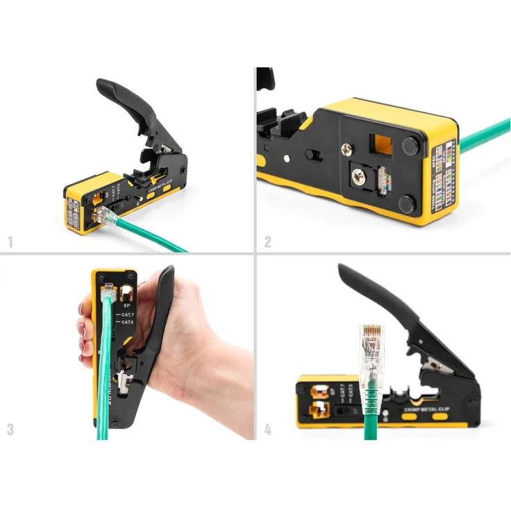 Delock Crimpzange für RJ45/RJ11 Stecker Cat. 5/6/7, 135 mm, ergonomisch mit integrierter Klinge, gelb/schwarz