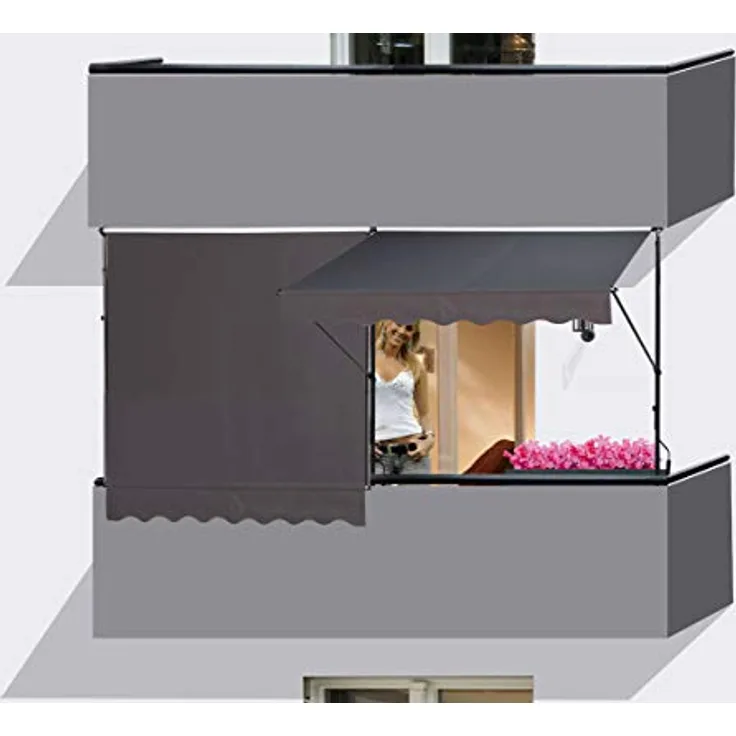 QUICK STAR 2 Stück Klemmmarkise 200x130cm GRAU Balkonmarkise Sonnenschutz Terrassenüberdachung Höhenverstellbar von 200-290cm ohne Bohren