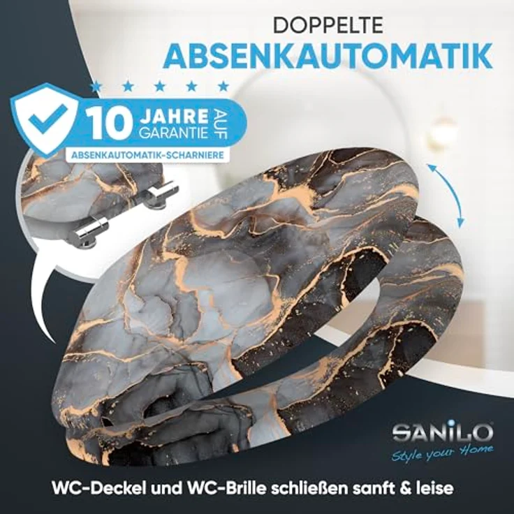 Sanilo WC Sitz Marmor Abstrakt, Toilettendeckel aus Holz mit Absenkautomatik, antibakterieller Oberfläche, passend für alle WC-Becken – Bild 3
