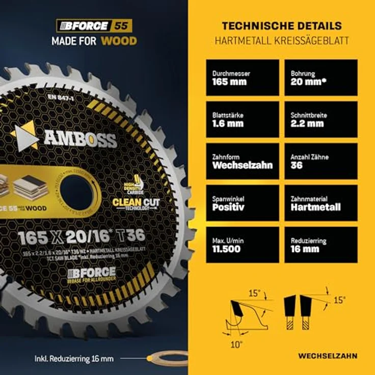 Amboss Werkzeuge HM Kreissägeblatt 165x20 16 Z36 Wechselzahn für Holz - Feinschnitt, Ø 165mm +Reduzierring 16 20mm, passend für Metabo KS1157S, MagnumTK1256, KS1155S - Amboss-Qualität für professionelle Holzbearbeitung – Bild 4