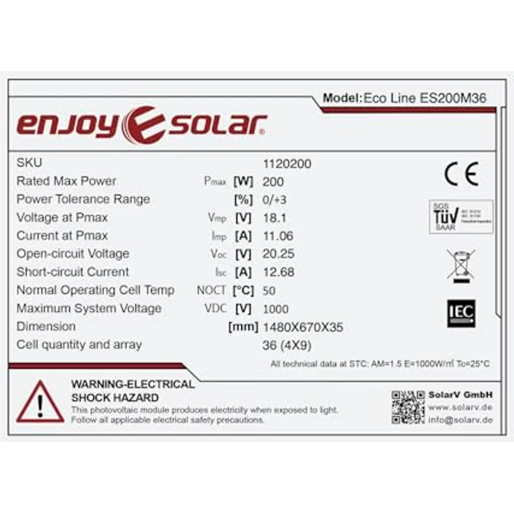 enjoy solar Solarmodul Eco Line ES200M36, Monokristallin PERC-Zellen 200W mit schwarzem Rahmen, Leistungsgarantie 10 Jahre 90% und 25 Jahre 80% – Bild 8