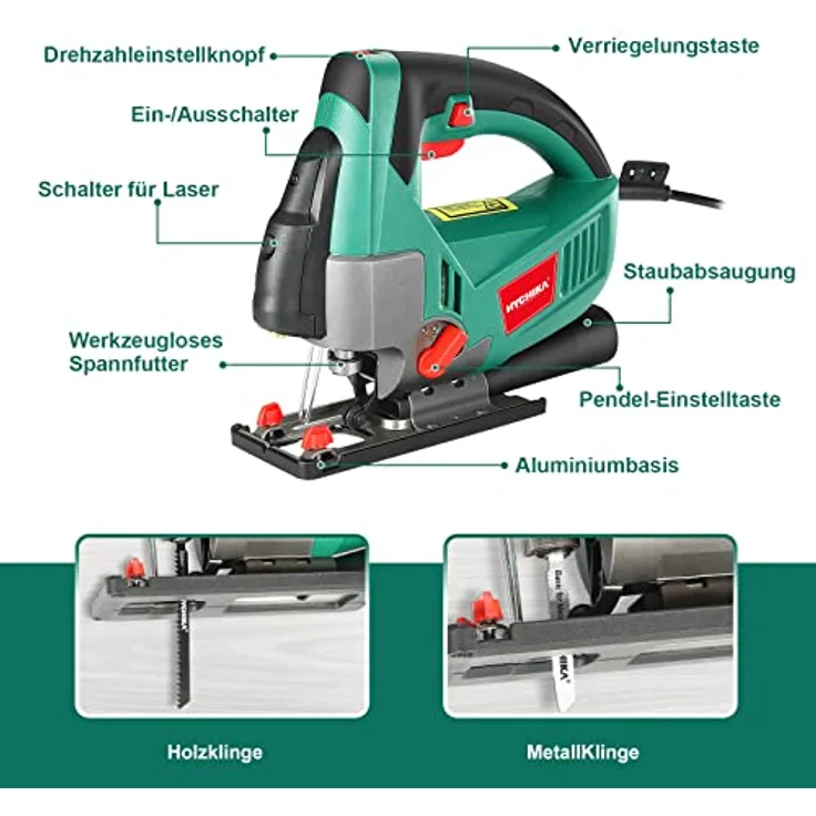 Stichsäge, 750W Max Holz Schnitttiefe 110mm, 800-3000SPM HYCHIKA Elektrische Stichsäge mit Laser, 6 Variable Geschwindigkeiten und 0-3 Orbital Position, 6 Blätter, Fasenschneiden: -45 °bis 45 – Bild 2