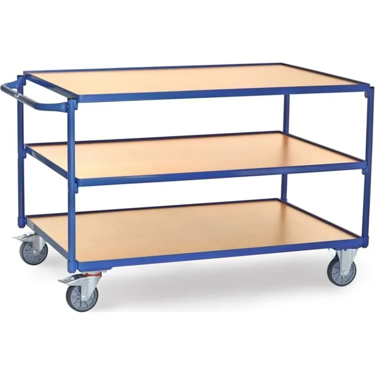 Fetra Tischwagen, 3 Etagen mit Holzwerkstoffplatte, Ladefläche 1200 x 800 mm, pulverbeschichtet brillantblau RAL 5007, Tragkraft 300 kg