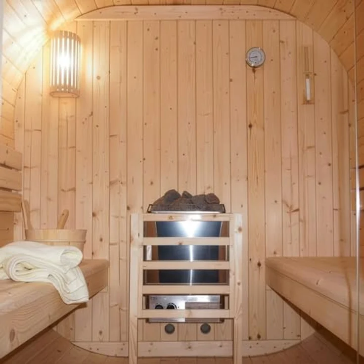 HOME DELUXE Sauna Outdoor Sauna CUBE DELUXE L - Größenauswahl, BxTxH: 220 x 194 x 185 cm, 38,00 mm, Fichtenholz, inkl. 8 kW Saunaofen & Saunazubehör - Gartensauna, Asphaltdach, Sicherheitsglas – Bild 6