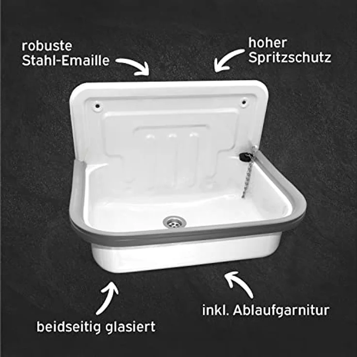 kör4u Ausgussbecken weiß 50cm, aus robustem Stahl für Keller, Waschküche, Garten, Spülbecken, inkl. Abflussstopfen – Bild 4