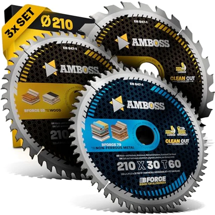 Amboss Werkzeuge Ø210 x 30 Hand- Kreissägeblatt Set für Makita 5008 MG, Festool TS75EBQ - 3er Sägeblatt Sortiment, geeignet für Holz, Metall und Kunststoffe