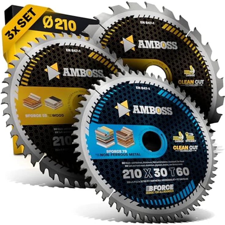 Amboss Werkzeuge Ø210 x 30 Hand- Kreissägeblatt Set für Makita 5008 MG, Festool TS75EBQ - 3er Sägeblatt Sortiment, geeignet für Holz, Metall und Kunststoffe – Bild 1