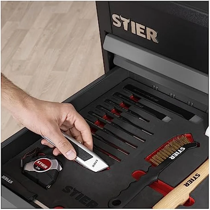 Stier Universal-Werkzeugsatz 18-teilig mit Weichschaumeinlage (EVA), inkl. rückschlagfreiem Schonhammer und 4-teiligem Sicherungsringzangensatz – Bild 2