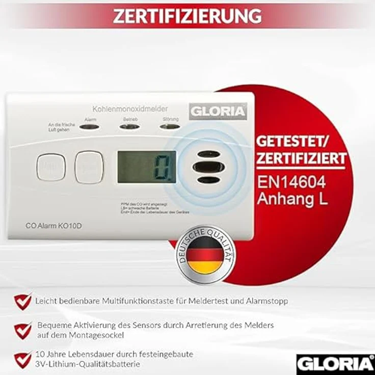 Gloria Gloria KO10D Kohlenmonoxid-Melder inkl. 10 Jahres-Batterie Gasmelder, mit Digitalanzeige und Ereignisspeicher – Bild 4