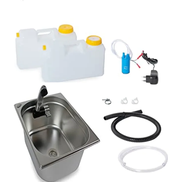 ad-ideen Camping Waschbecken Technikset, Kabelloses Miniküche Bausatz mit 12V Tauchpumpe und Edelstahl-Spüle 325 x 265 x 150 mm