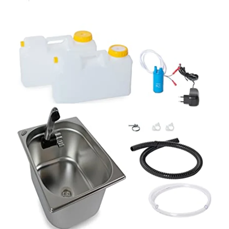 ad-ideen Camping Waschbecken Technikset, Kabelloses Miniküche Bausatz mit 12V Tauchpumpe und Edelstahl-Spüle 325 x 265 x 150 mm – Bild 1