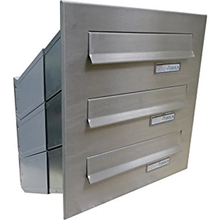 Letterbox24 D-041 3er Edelstahl Mauerdurchwurf Briefkastenanlage mit Namensschild (Tiefe: 23-38 cm), wetterfest und langlebig