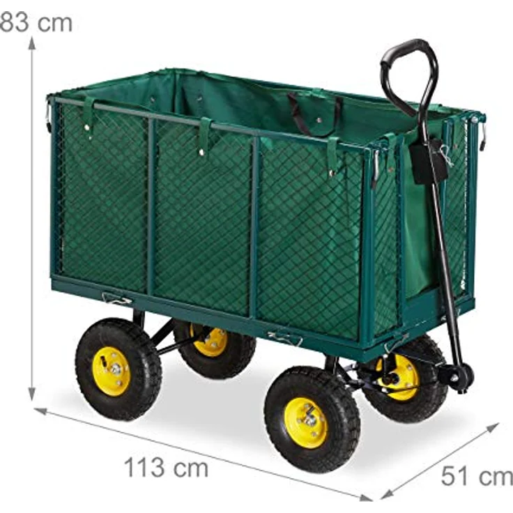 Relaxdays Gartenwagen, großer Bollerwagen mit klappbaren Seitenteilen und herausnehmbarer Plane, bis 500kg Tragkraft, grün, 83 x 51 x 113 cm – Bild 4