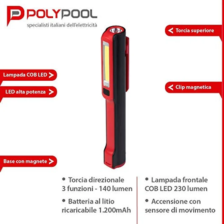 POLY POOL - PP3164 Wiederaufladbare LED-Arbeits-Taschenlampe mit Ultra-LED-Licht COB 3W 200lm u. oberer Taschenl. 140lm, tragb. Lampe, ideal f. Werkstattarbeiten, magnet. Clip und wiederaufl. USB-Akku – Bild 3