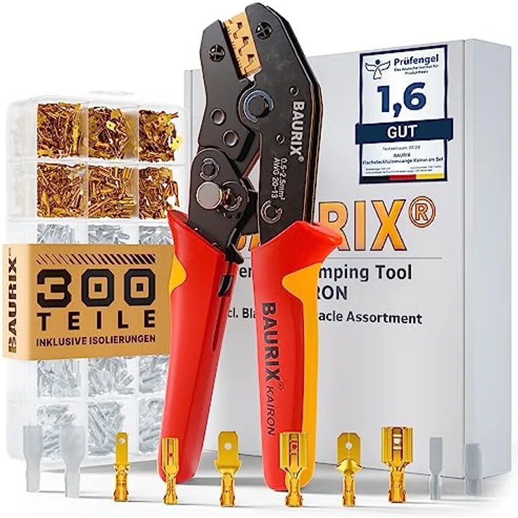 BAURIX® Crimpzange inkl. 300 Stück Flachsteckhülsen Set I Krimpzange für 0,50-2,50 mm² Steckverbinder, Antirutsch-Beschichtung, 300 Flachsteckhülsen in Sortimentsbox, Elektriker-Alltag geeignet, blau