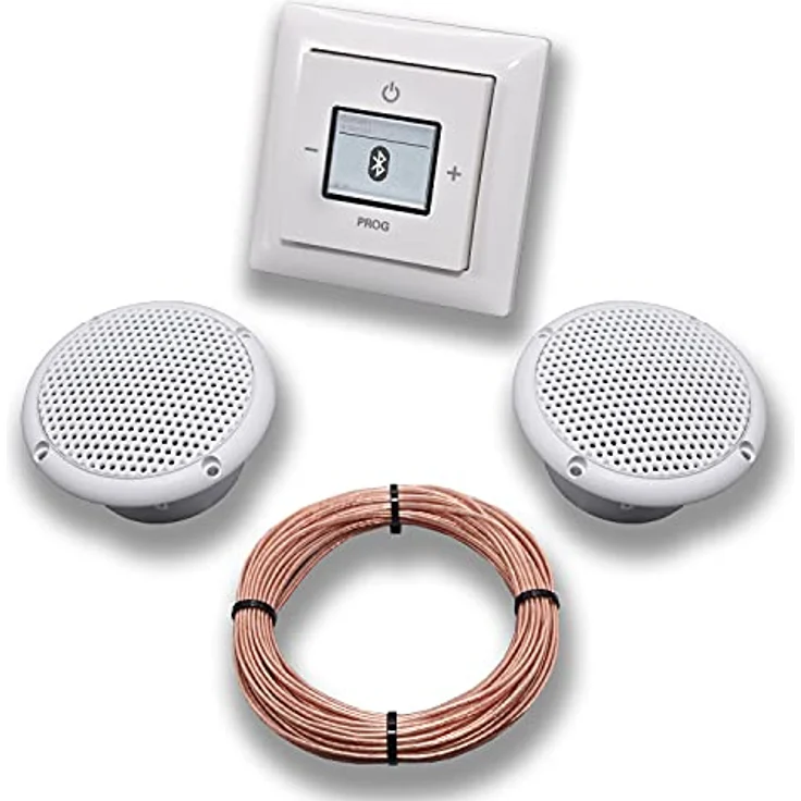 Busch-Jaeger Unterputz Bluetooth-Radio 8217U, Komplett-Set Balance SI in alpinweiß mit 2x Deckenlautsprechern für Feuchtraum und 20m Lautsprecherkabel – Bild 1