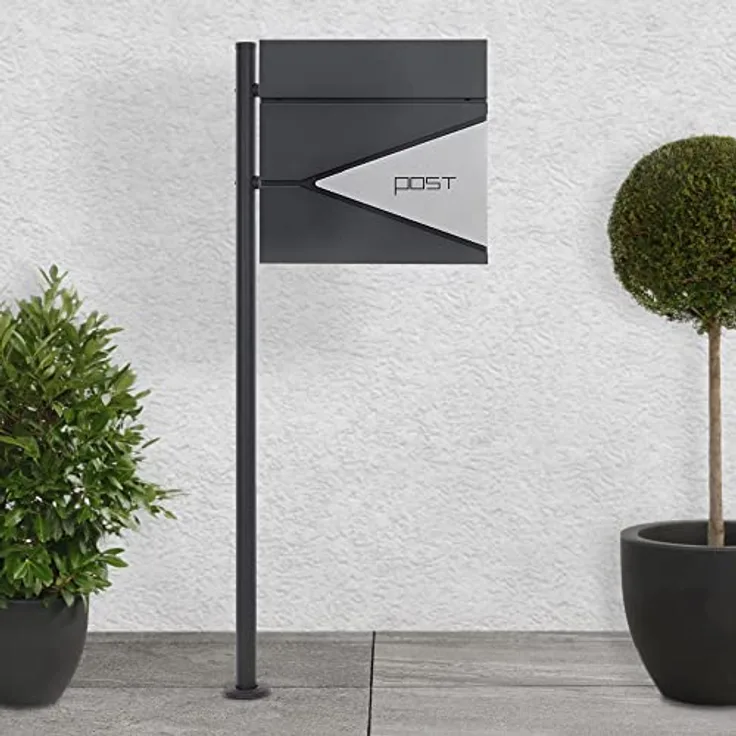 ECD Germany Standbriefkasten mit Zeitungsfach, Design Briefkasten mit Pfosten, Briefkastenanlage, Briefkastenständer Anthrazit 120 cm Edelstahl, Postkasten Anthrazit-Silber Edelstahl pulverbechichtet