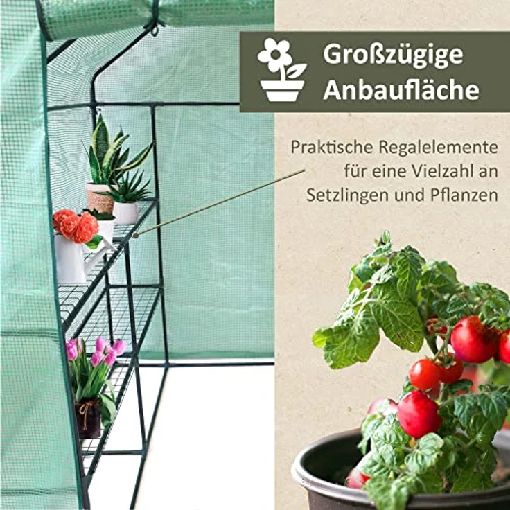 NATIV Foliengewächshaus | Tomaten Gewächshaus mit 8 praktischen Ablagen| Tomatenhaus aus robuster Gewächshausfolie | Treibhaus mit aufrollbarer Türe | Anzuchthaus 143 x 143 cm, 195 cm hoch – Bild 4