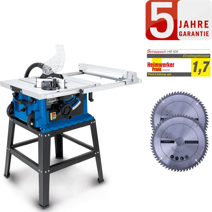 Scheppach Tischkreissäge HS105, 2000W, 75mm Schnitthöhe, inkl. Untergestell und 2. Sägeblatt