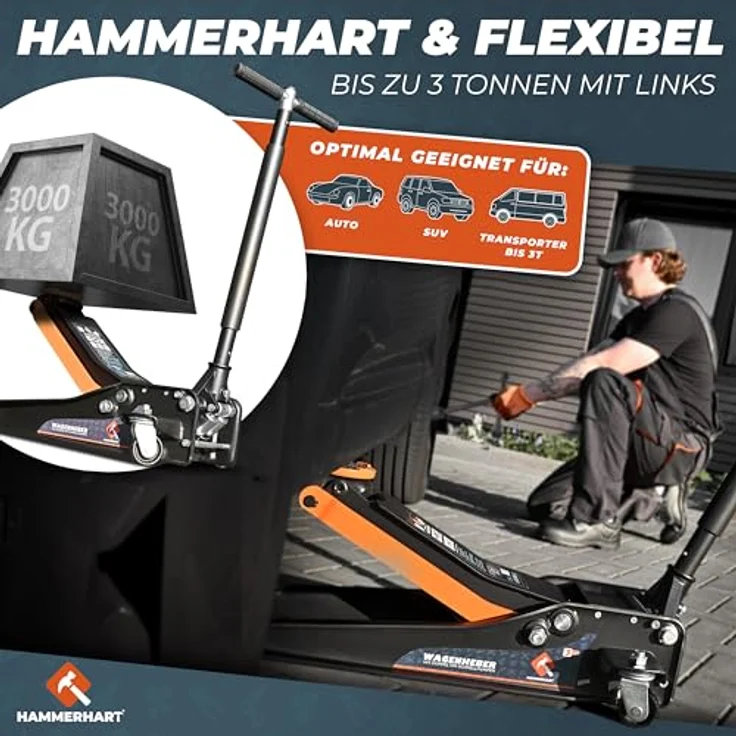 HAMMERHART Hydraulischer Wagenheber 3T, Premium Rangierwagenheber TÜV geprüft mit 75-500mm Hubhöhe, flach mit 360° Rollen & Doppelkolben, inkl. Gummiauflage und T-Griff – Bild 2