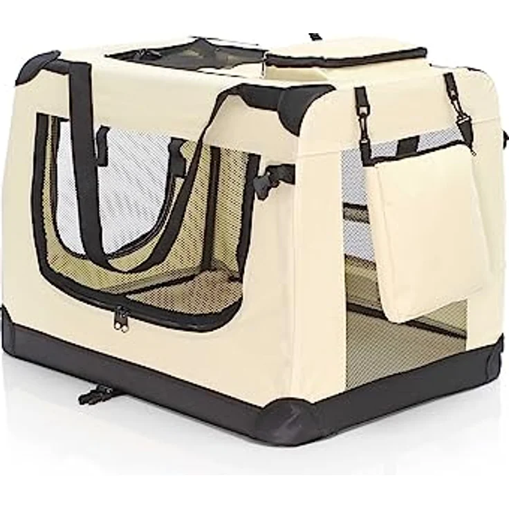 Fudajo Faltbare Transportbox für Hunde, Katzen XL (80x58x56cm), robust, leicht, sicher, mit Tragegriff und Decke, Beige – Bild 5