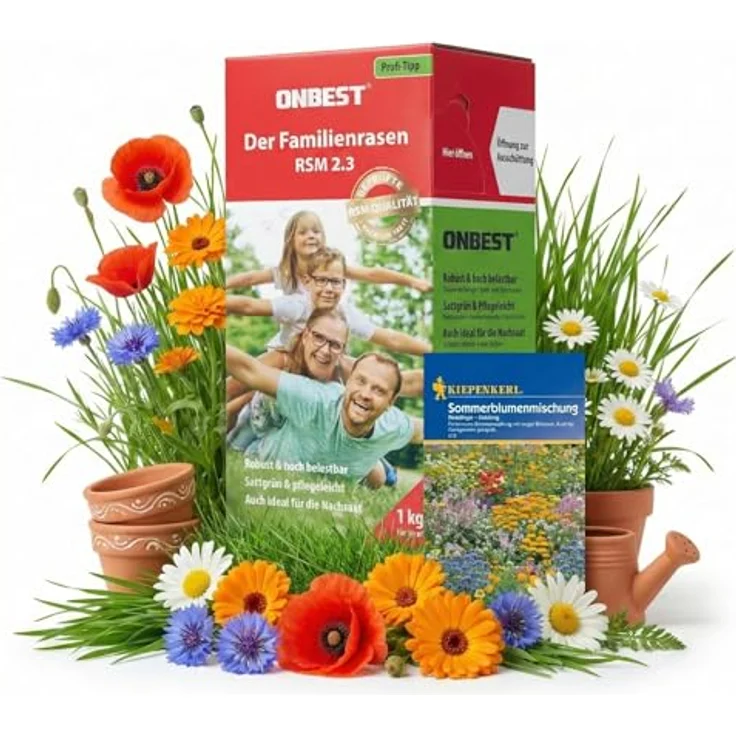 ONBEST RSM 2.3 Qualitäts Rasensamen, 1kg Sport- und Spielrasen, strapazierfähig, sattgrün & pflegeleicht, ideal für Neuansaat und Nachsaat, mit Blumensamen – Bild 1