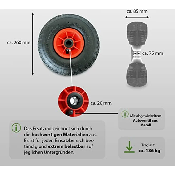 Sackkarrenrad 3.00-4 260x85 mm Luftrad Sackkarrenräder Ersatzrad 4PR mit Kugellager 136 kg Tragkraft Bollerwagenrad – Bild 3