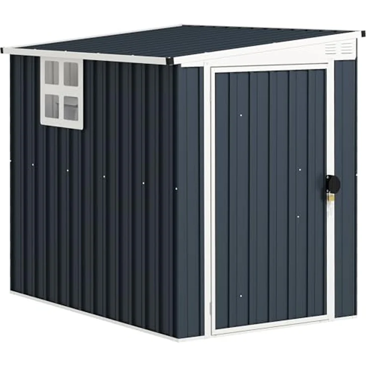Outsunny Metall Gerätehaus 2,7m² 128x193x181cm Geräteschuppen mit Pultdach und abschließbarer Tür - wetterfest, dunkelgrau – Bild 1