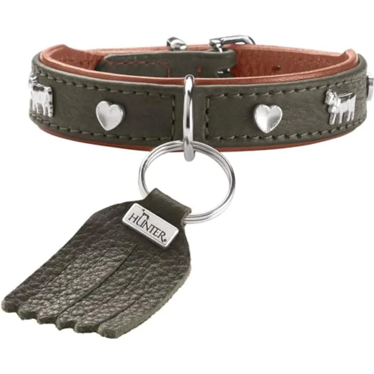 HUNTER Hundehalsband MÜNCHEN Mini, grün/Cognac, für kleine Hunde und Welpen, Leder, edle Trachten-Details, fellschonend, luxuriös, Made in Germany, Größe: 27
