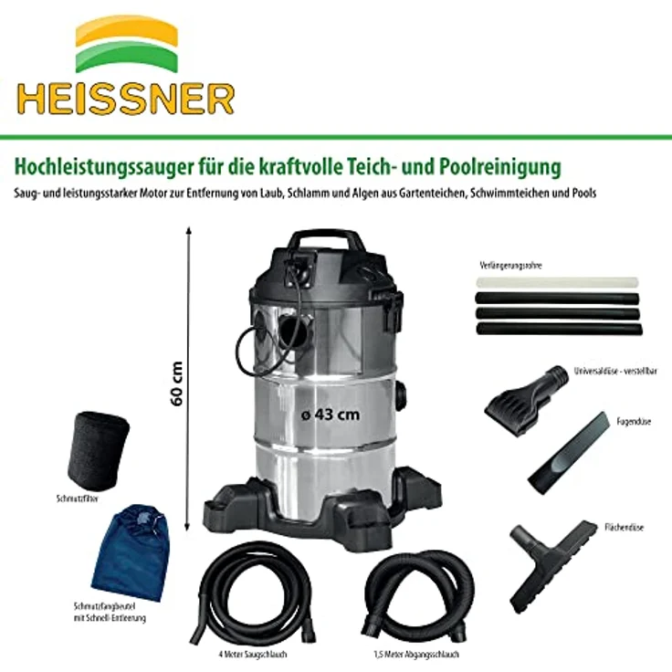Heissner Teichschlammsauger 4000 L/h, Multifunktions-Dauersauger mit 30 Liter Edelstahltank, silber – Bild 7