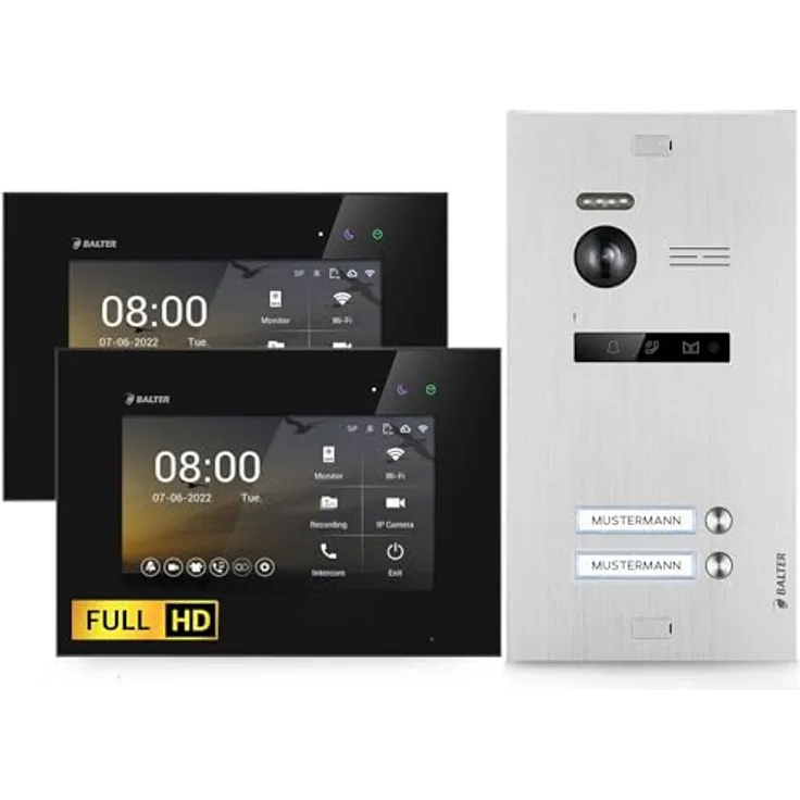 Balter EVO-HD Video Türsprechanlage, 2-Familienhaus Klingel mit 2x 7 Zoll HD Monitor, Full HD-Kamera, 175° Weitwinkel, 2 Draht Bus, Gegensprechanlage
