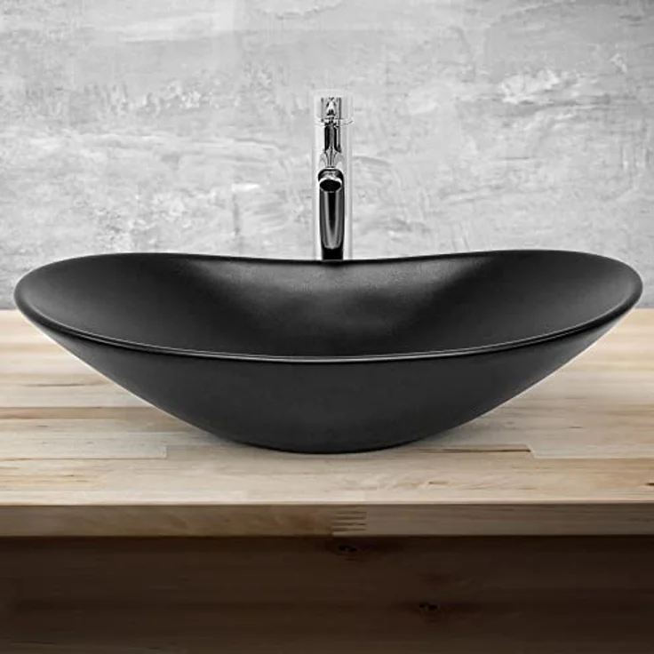 ML-Design Waschbecken aus Keramik in Schwarz matt 63 x 36 x 15,5 cm, Ovale Aufsatzwaschbecken, Moderne Waschtisch, Waschschale mit Abflussloch, Waschplatz Handwaschbecken, für Badezimmer/Gäste-WC – Bild 4