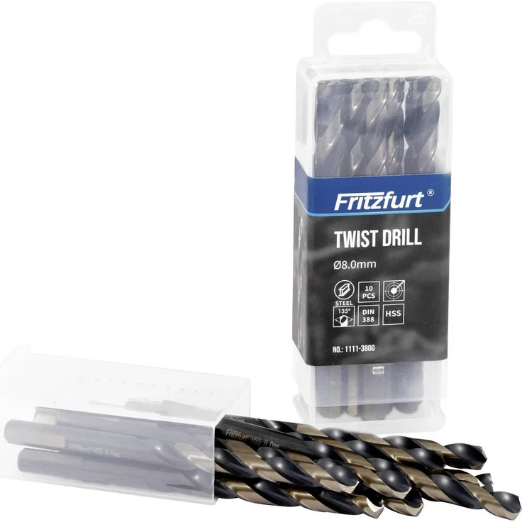 FRITZFURT 1111-3800 HSS-G Metall-Spiralbohrer 10teilig, 8mm, korrosionsbeständig, selbstzentrierende Spitze, DIN 338, Dreiflächenschaft