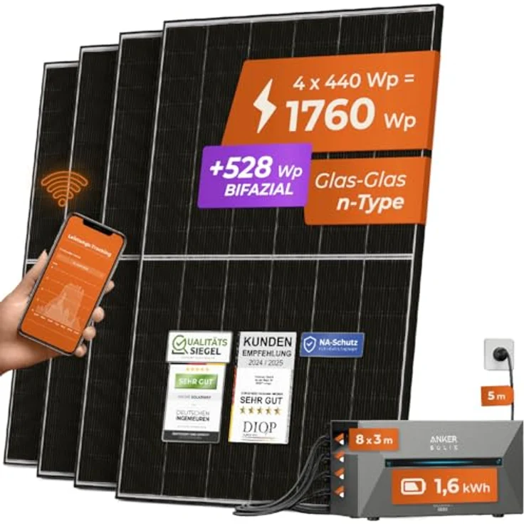 Solarway® All In One Balkonkraftwerk mit Speicher 1800W komplett Steckdose - 1,6 kWh Anker Solix 2 PRO Speicher - 440W Solarmodule & Anker Speicher & Zubehör, Schwarze Edition – Bild 1