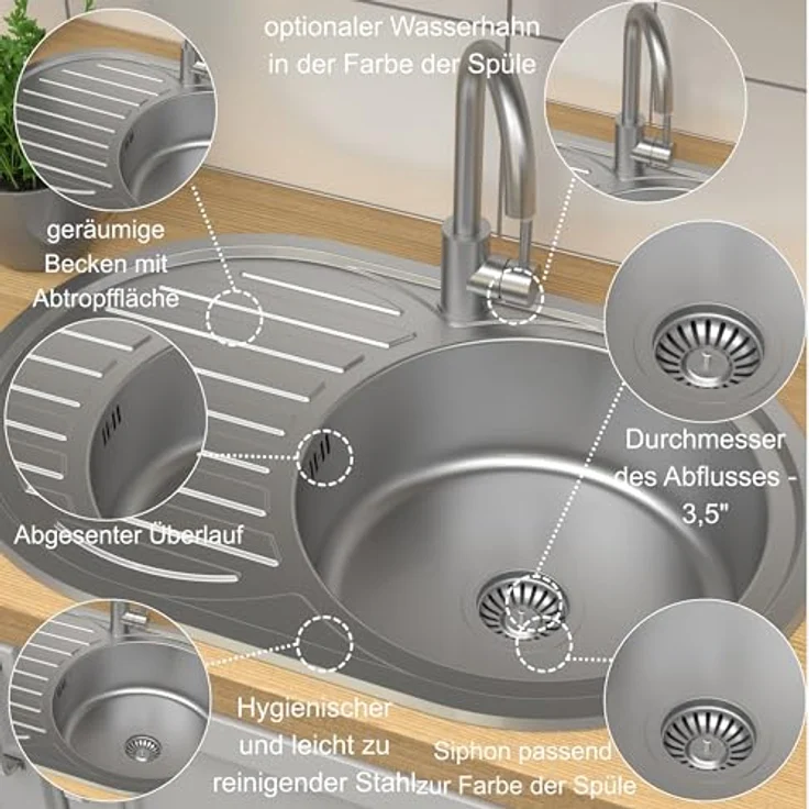 Quadron Einbeckenspüle TOM, Edelstahl Spüle 45 cm in Satin, Einzelbecken mit Abfluss, geeignet für Küchenunterschränke ab 45 cm, hygienisch und pflegeleicht – Bild 4