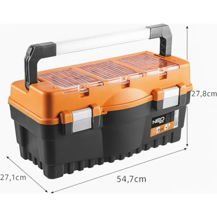 NEO TOOLS Profi Werkzeugkasten 21", 54.7 x 27.1 x 27.8 cm, verschließbare Fächer, Aluminiumverschlüsse, ergonomischer Aluminiumgriff, abnehmbare Trage, Polycarbonat-Organizer – Bild 2