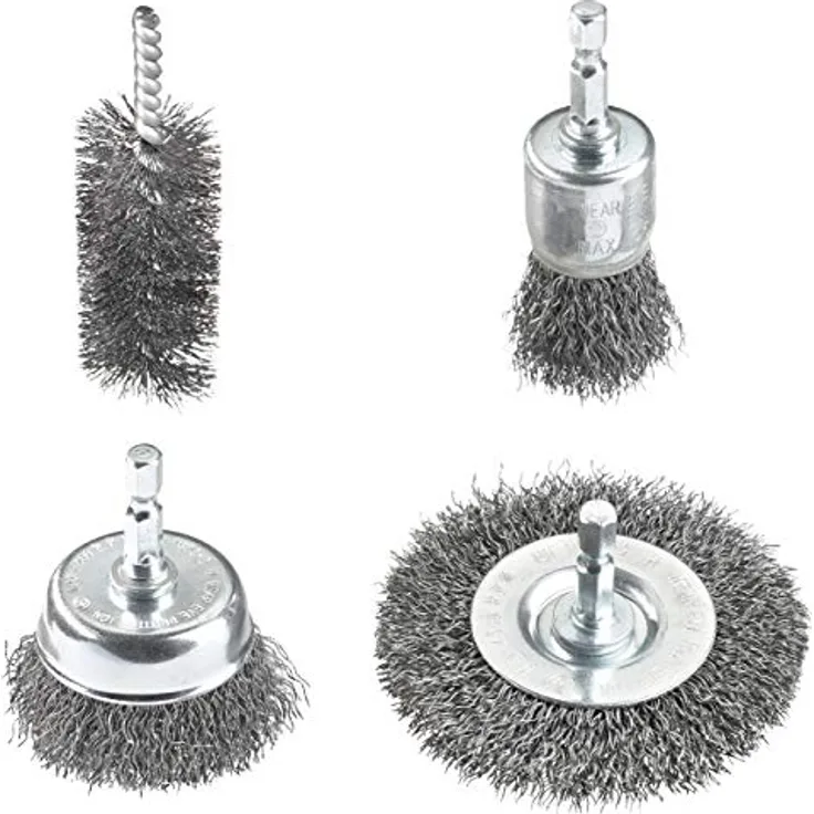 kwb Drahtbürsten-Set, für Bohrmaschinen mit E 6.3-Aufnahme, 4-teilig aus Stahldraht, inklusive Scheibenbürste, Topfbürste, Pinselkopfbürste und Spiralbürste
