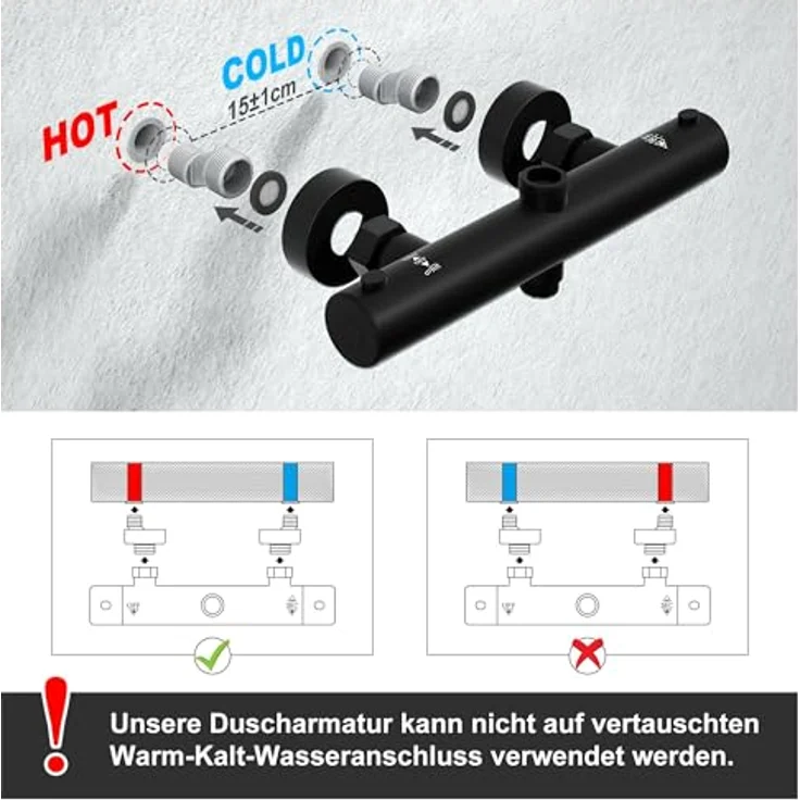 JOHO Thermostat Duschsystem, Regendusche Duschset mit 30x30cm Kopfbrause, Mischbatterie, Edelstahl, matt schwarz – Bild 5